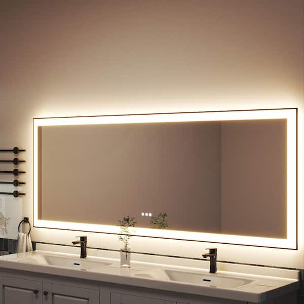 84 in. W x 32 in. H Black Rectangular Framed LED Anti-Fog Wall Bathroom Vanity Mirror with Backlit and Front Light