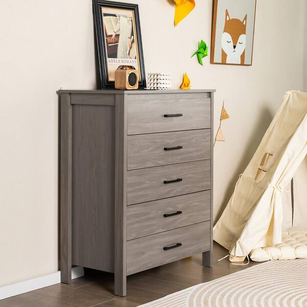 Costway Grey Oak 41.5 in. H Storage Cabinet Modern 5-Drawer