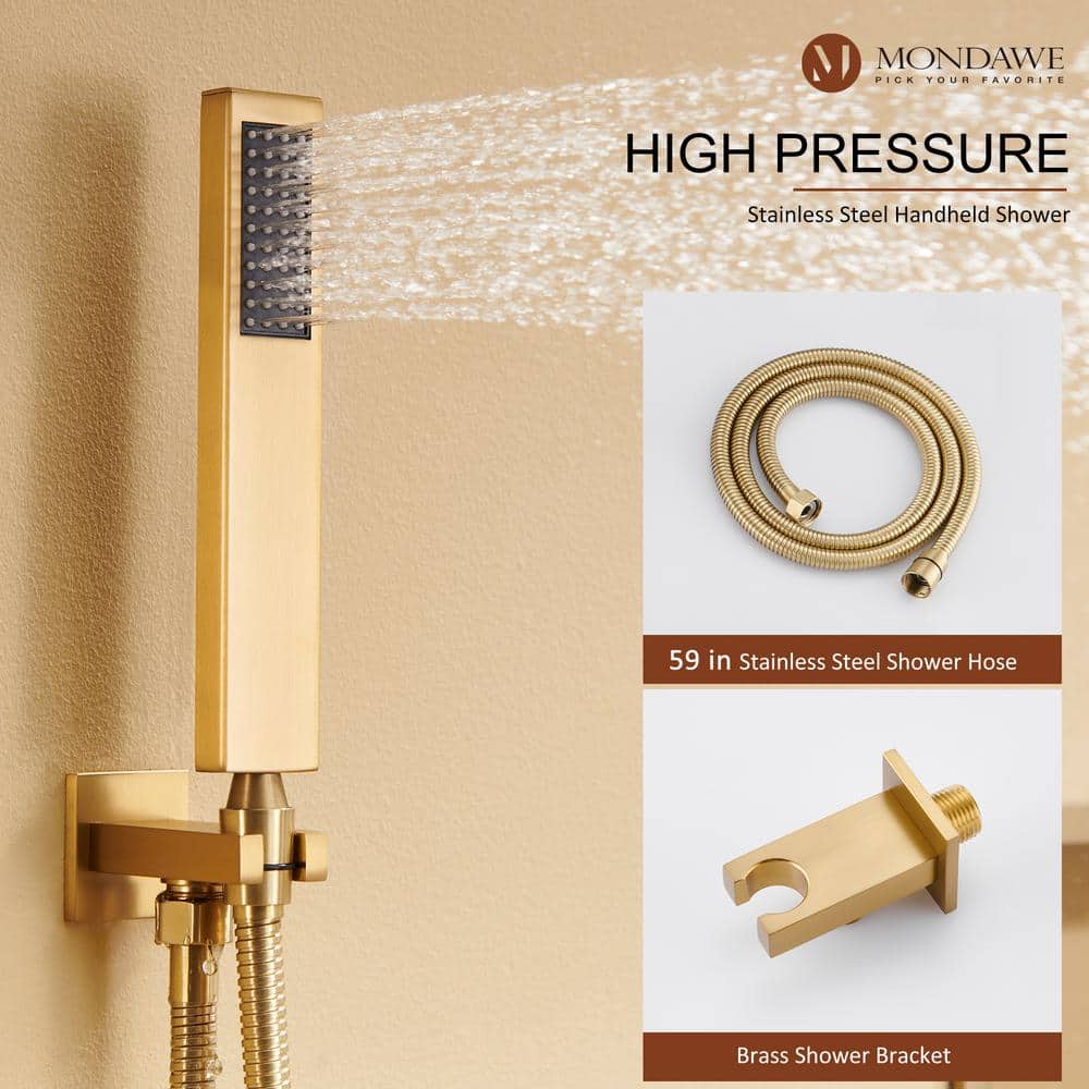 Brushed Gold Dual Square Wall Mounted Shower System with Body Jets