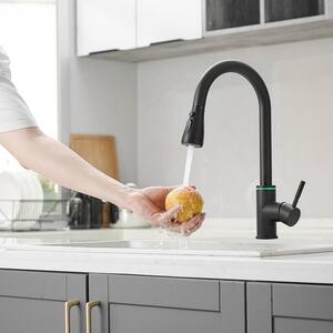 Single Handle Touch On Deck Mount Pull Down Sprayer Kitchen Faucet with LED Light & Deck Plate in Matte Black