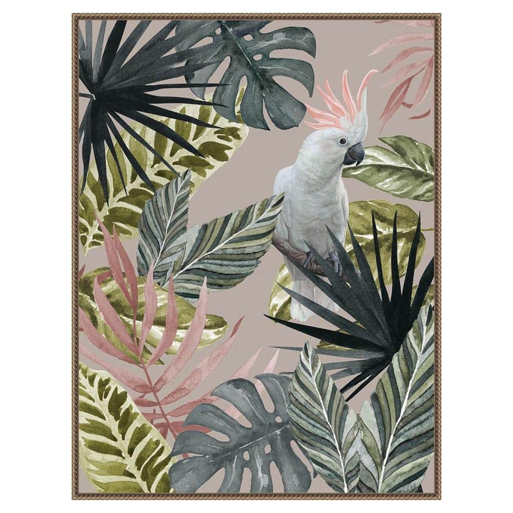 Tropical Cockatoo with Leaves Beaded Bronze Framed Canvas Wall Art 32 x 42