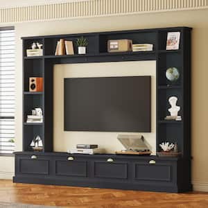 Modern TV Console, Entertainment Center Fits TV's up to 78 in. with Cabinets and Open Shelves, Golden Handles, Black