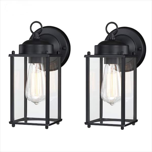 Hukoro 11 in. 1-Light Matte Black Hardwired Outdoor Wall Lantern Sconce with No Bulbs Included (2-Pack)