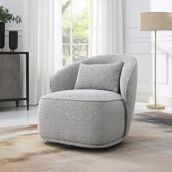 KINWELL Black and White Boucle Upholstered 360° Swivel Barrel Accent Chair with Pillow