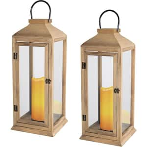 2-Piece 22.5 in. Wood Candle Lanterns Vintage Hanging Tower Large Lantern Metal Candle Holder Outdoor Luxury