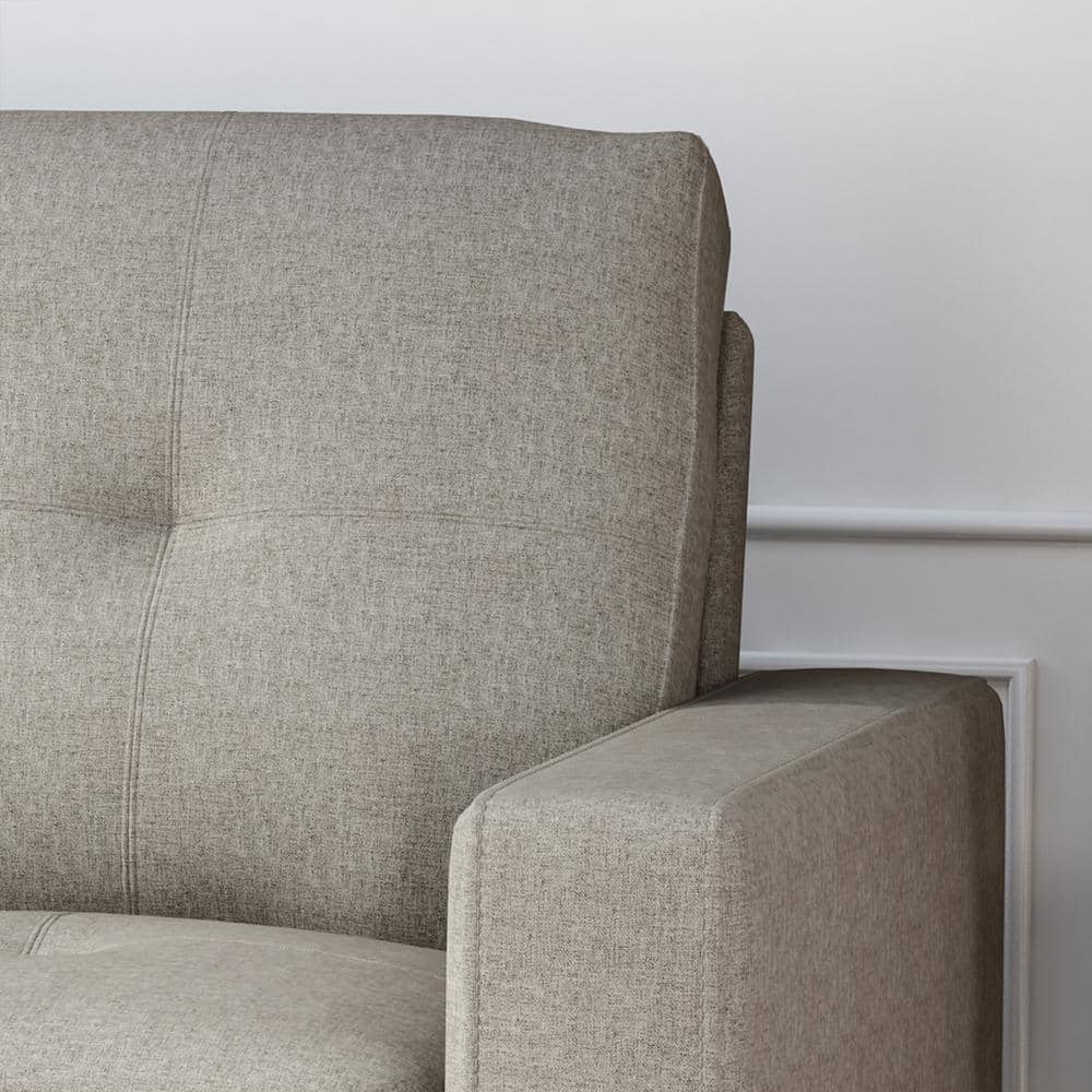 Beige and Espresso 76" Tufted Polyester and Wood 3-Seater Sofa
