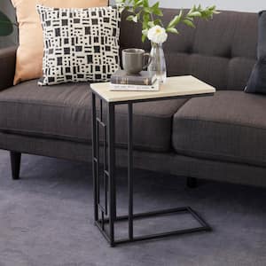 10 in. Cream C-Shaped Large Rectangle Wood End Table with Black Metal Base