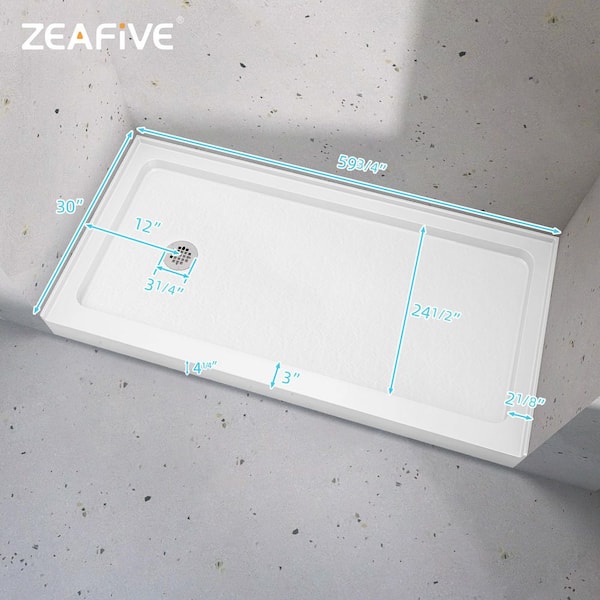 Zeno 60 in. L x 30 in. W Alcove Shower Pan Base with Left Drain in White Non-slip Single Threshold Shower Bathroom Tray