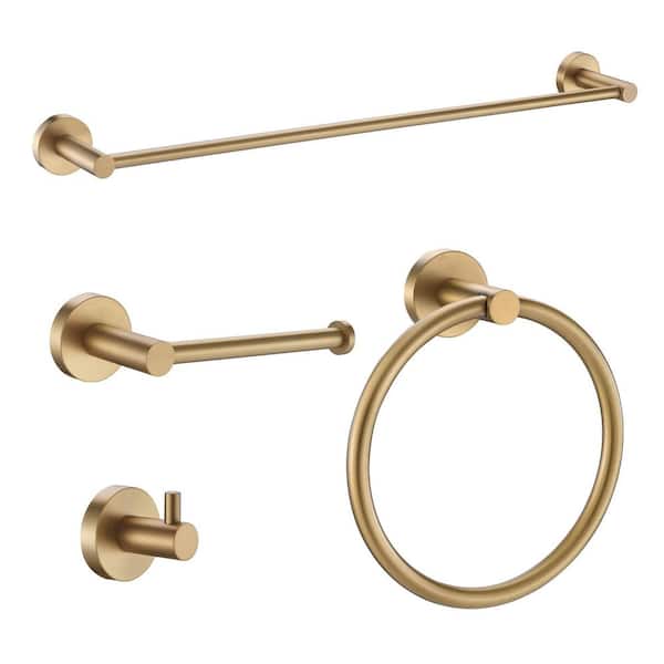4-Piece Brushed Gold Bathroom Accessories Set with Towel Bar Towel Hook Toilet Paper Holder and Towel Ring