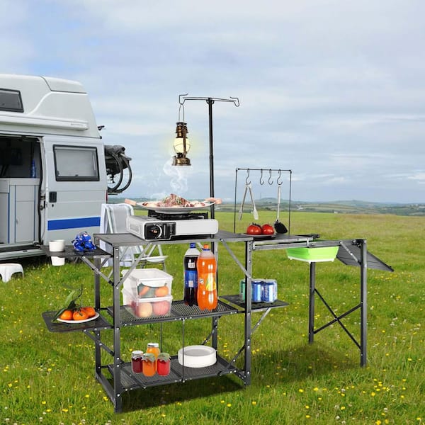 Unbranded Outdoor Camping Kitchen, Folding Portable Cook Station, Camping Cook Table with 3 Side Table, 2 Shelves, Detachable Sink