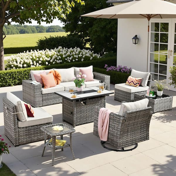 HOOOWOOO Tahoe Grey 9-Piece Wicker Outdoor Patio Rectangle Fire Pit Conversation Sofa Set with a Swivel Chair and Beige Cushions