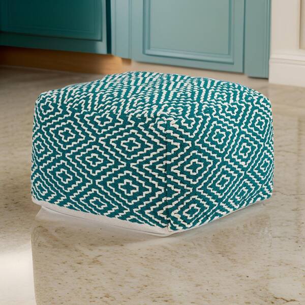 Benjara Teal and Ivory Cotton Square Accent Ottoman Medium