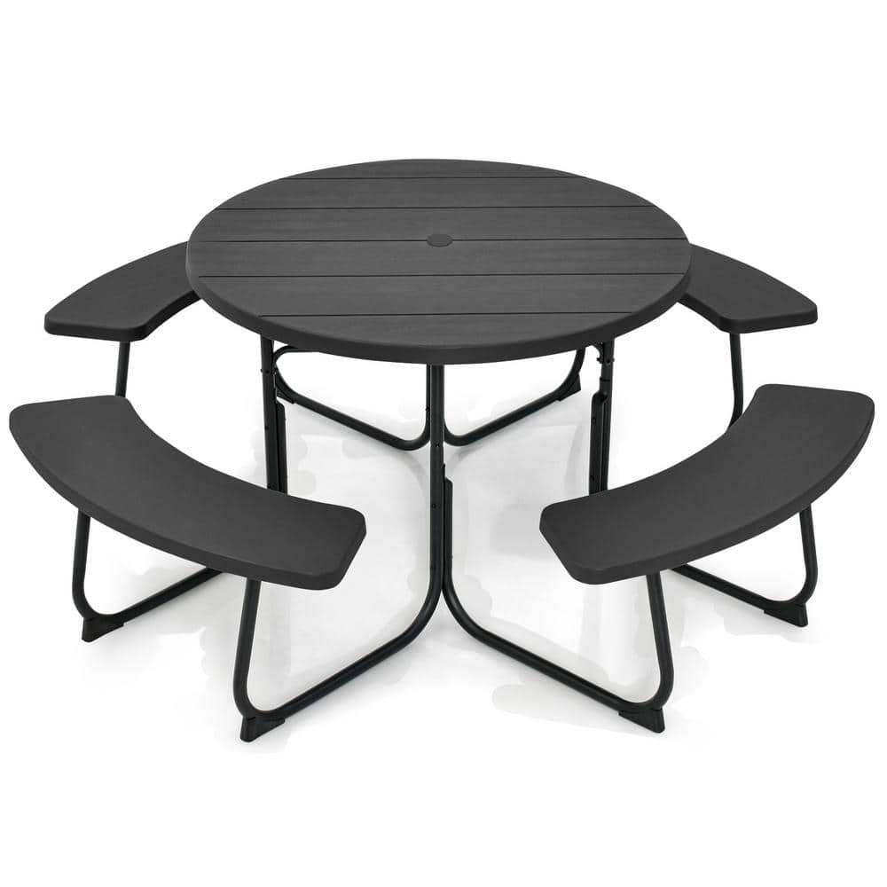 WELLFOR 75 in. Black Round HDPE Picnic Table and Bench Set Seats 8 ...