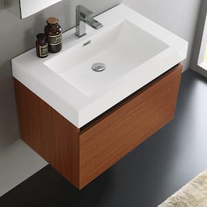 Mezzo 30 in. Vanity in Teak with Acrylic Vanity Top in White with White Basin and Mirrored Medicine Cabinet