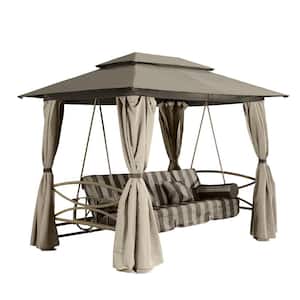 3-Person Outdoor Patio Metal Swing Gazebo with Netting and Gazebo Curtains, Daybed Adjustable, Beige
