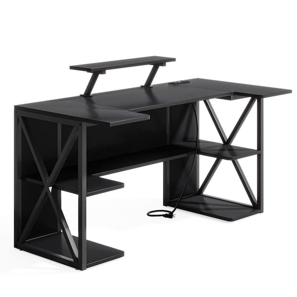 TRIBESIGNS WAY TO ORIGIN 57 in. Perry Black Large Carbon Fiber Surface  Gaming Computer Writing Desk Monitor Stand Storage Shelf Home Office  HD-JW0513-WZZ - The Home Depot