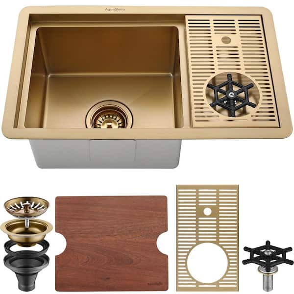 23.25 in. Undermount Single Bowl Brushed Gold T304 Stainless Steel Bar Prep Sink with Cutting Board