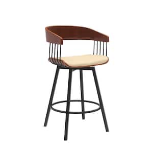 32 in. Cream, Black and Brown Low Back Metal Frame Counter Stool with Faux Leather Seat