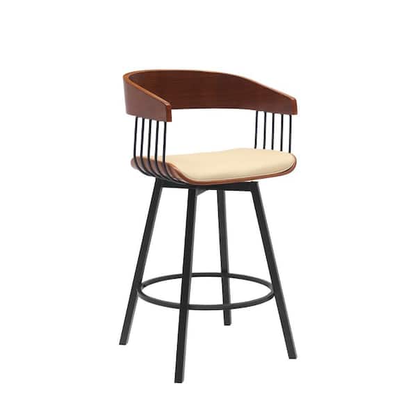 Benjara 32 in. Cream, Black and Brown Low Back Metal Frame Counter Stool with Faux Leather Seat