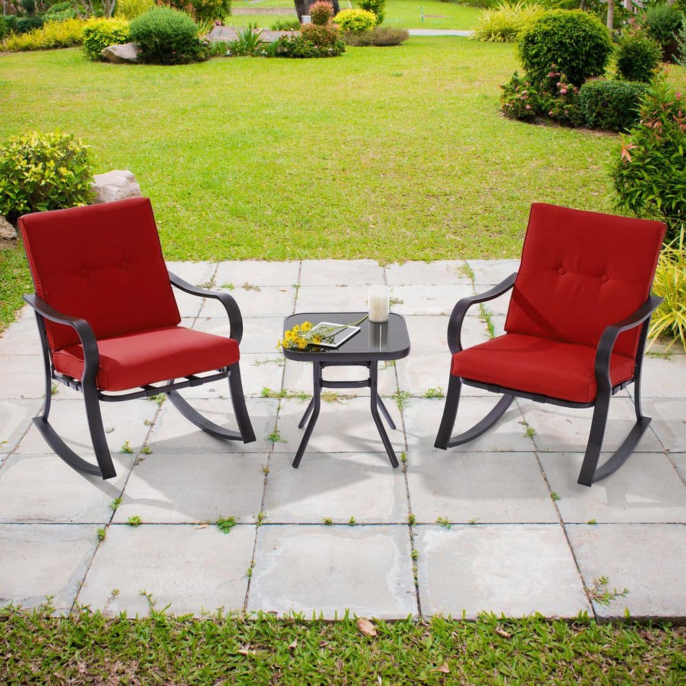 Red Rocking Sofa Sonkuki 3-Piece Wicker Red Patio Furniture Set, Outdoor Rocking Chairs ...