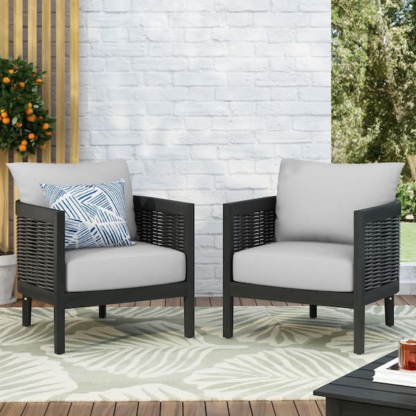 Rattler Black Acacia Wood Outdoor Patio Lounge Chair with Light Grey Cushions, Set of 2