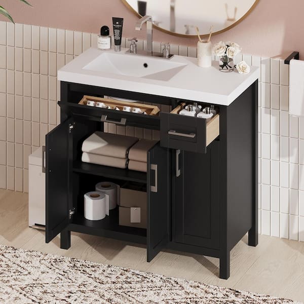 36 in. W x 18.1 in. D x 35.5 in. H Single Sink Bath Vanity in Black with White Resin Top, 2-Drawers and 3-Doors