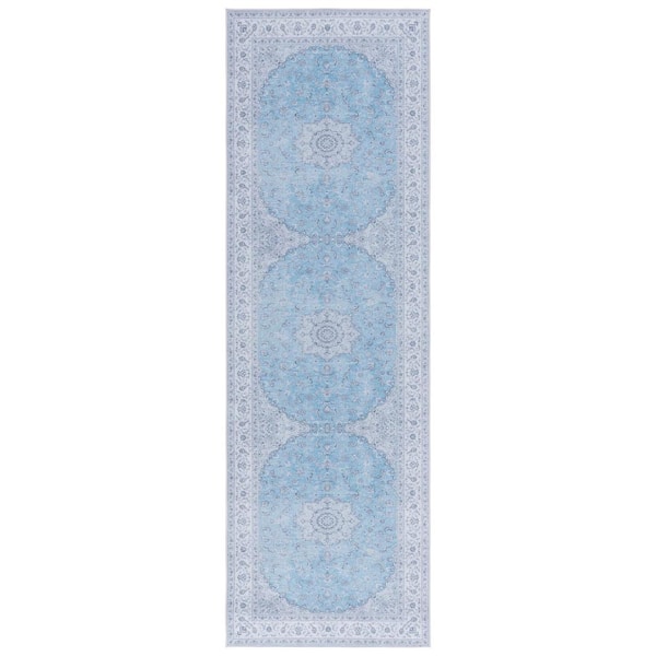 SAFAVIEH Tucson Blue/Gray 3 ft. x 8 ft. Machine Washable Border Floral Medallion Runner Rug