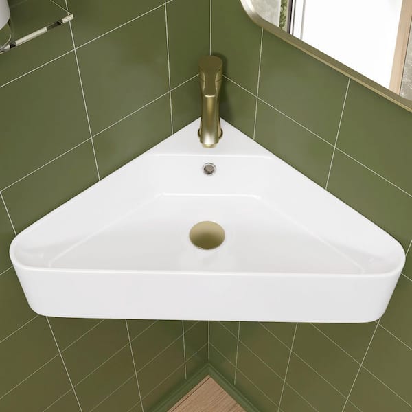 22.5 in. W x 16.5 in. D Corner Wall Mounted Bathroom Sink Triangle Ceramic Basin with Overflow & Single Hole in White