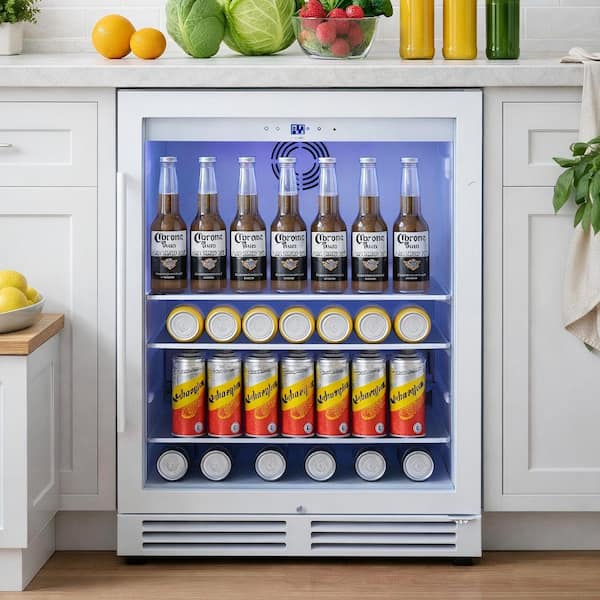 23.4 in. Single Zone 220-Can Beverage Cooler Reversible Door in White Auto Blue LED 3-Removable Tempered-Glass Shelves