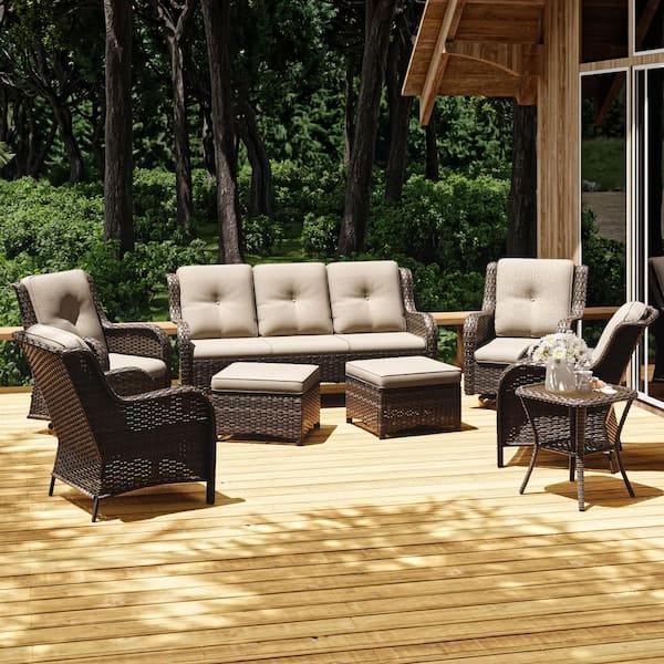 JOYSIDE 8-Piece Wicker Outdoor Patio Conversation Set with Beige Cushions and Swivel Rocking Chairs