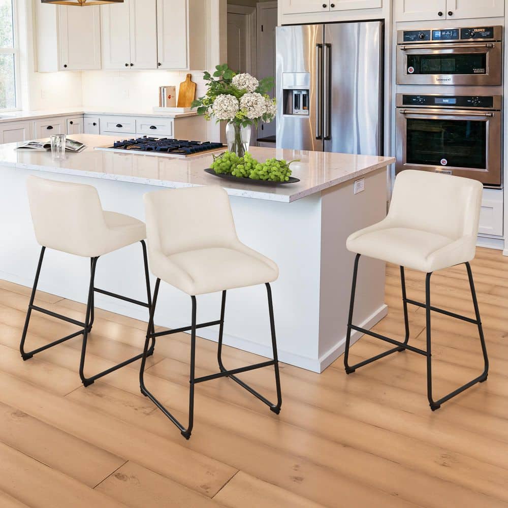 Mali 36 in. Ivory Metal Frame Faux Leather Counter Height Bar Stool with Premium Footrest and Non-Slip Footpads Set of 3 price history on PriceWatchPro