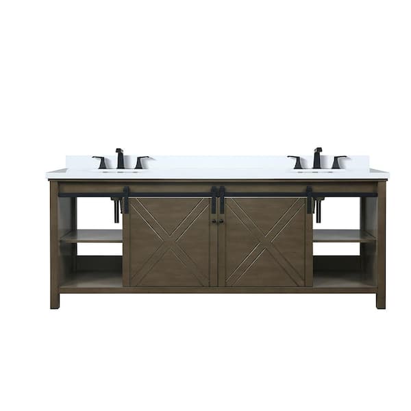 Lexora Marsyas 84 in W x 22 in D Rustic Brown Double Bath Vanity, Cultured Marble Countertop and Faucet Set