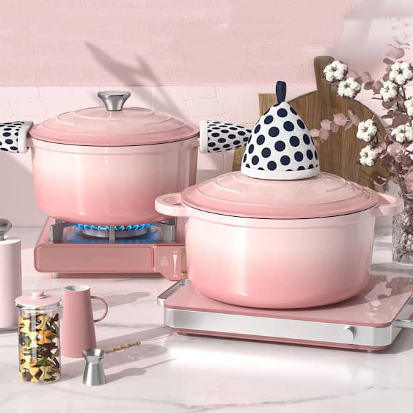 5 qt. Round Enameled Cast Iron Dutch Oven in Pink with Lid, Even Heating Heavy-Duty Cookware for Bread Baking, Braising
