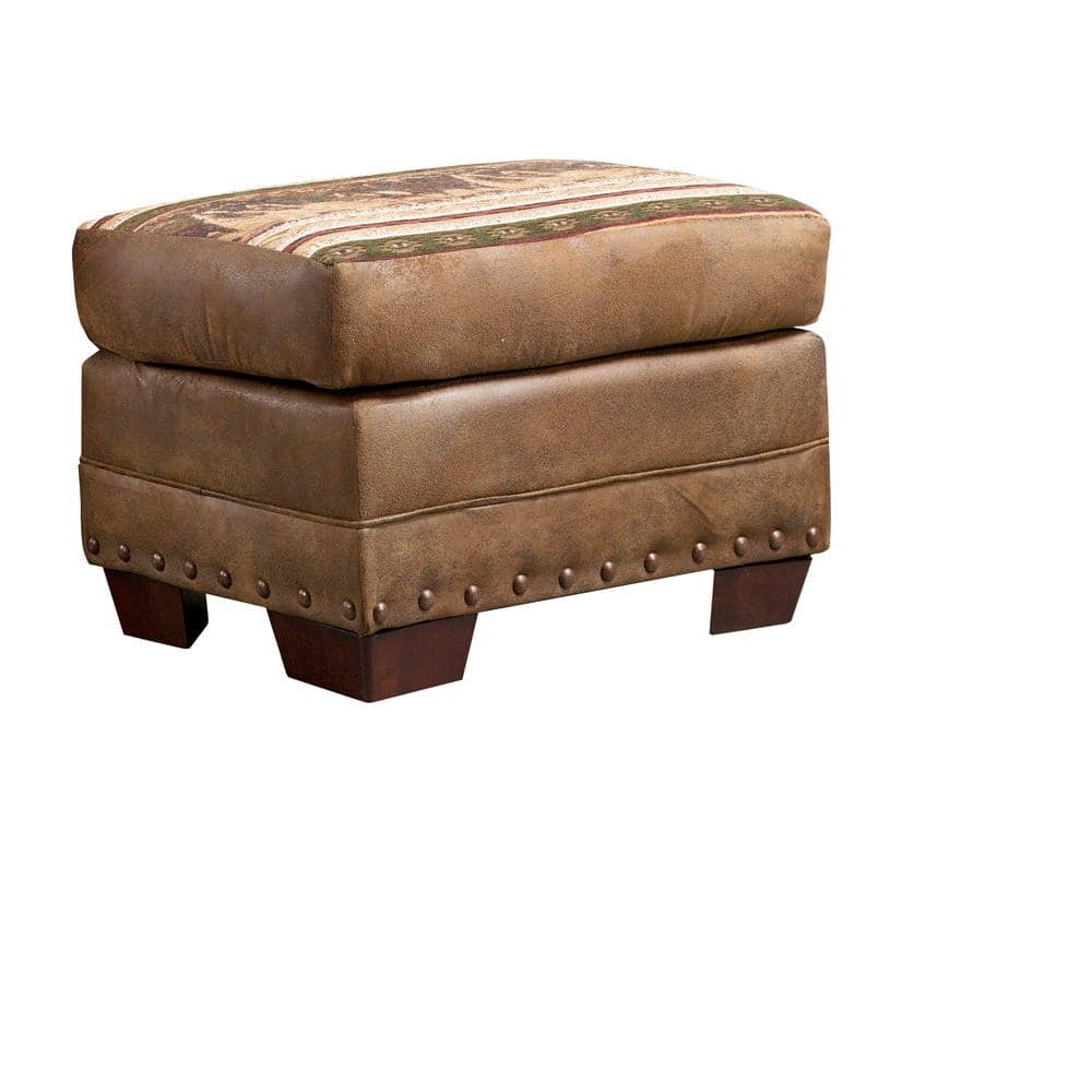 Wild Horse Tapestry Brown Microfiber Ottoman with Nailhead Accents