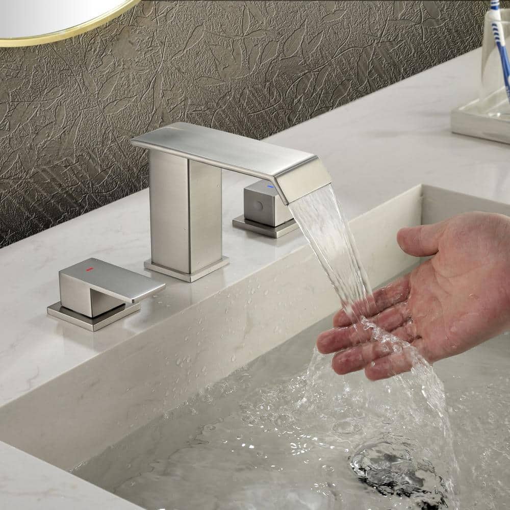 Brushed Nickel 8-Inch Widespread Waterfall Bathroom Faucet