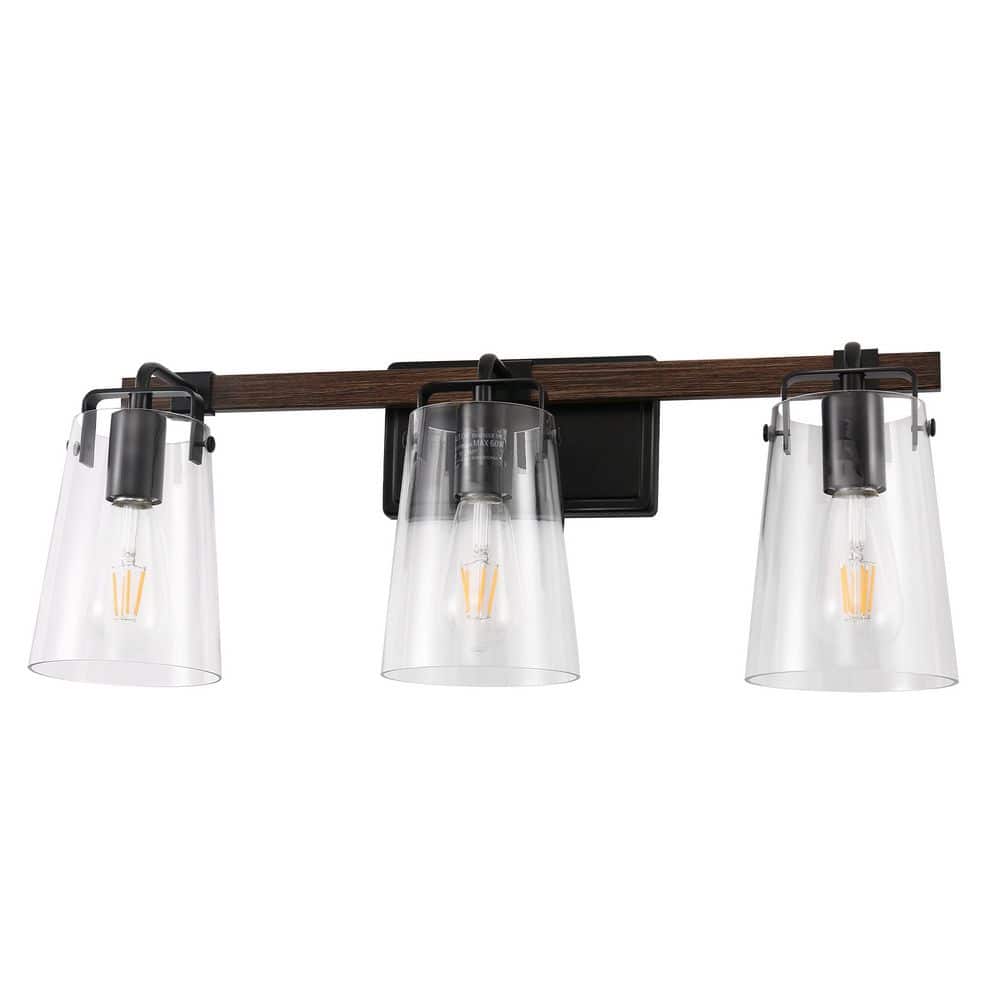 24.1 in. 3-Light Black and Wood Metal Vanity Light with Dimmable for Powder Room, Dressing Room or Bathroom price history on PriceWatchPro