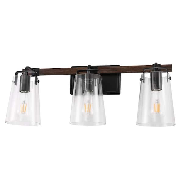 Emeritpro 24.1 in. 3-Light Black and Wood Metal Vanity Light with Dimmable for Powder Room, Dressing Room or Bathroom