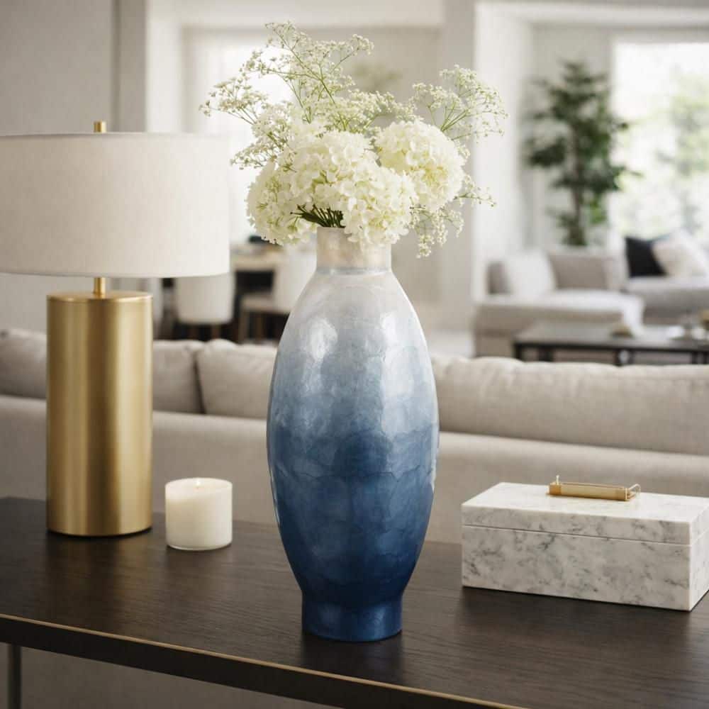 Liv & Skye 19.7 in. Ivory/Blue Capiz Shell Ombre Round Decorative