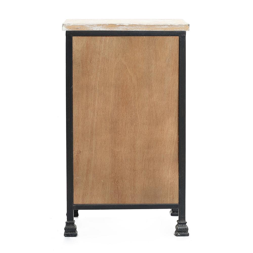 White Fir Wood and Black Iron Bohemian Nightstand with Storage