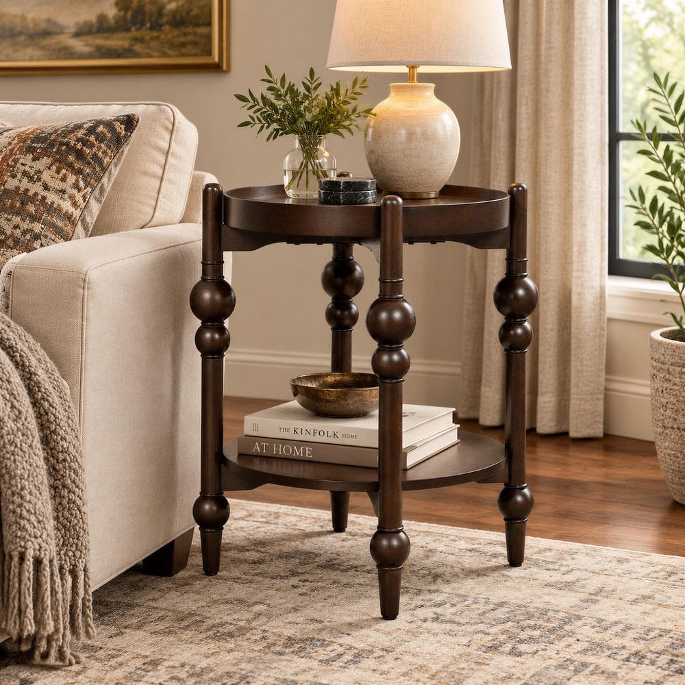 Modern 24.29 in. Taupe Finish Round MDF Wood Side End Table with Lower Shelf