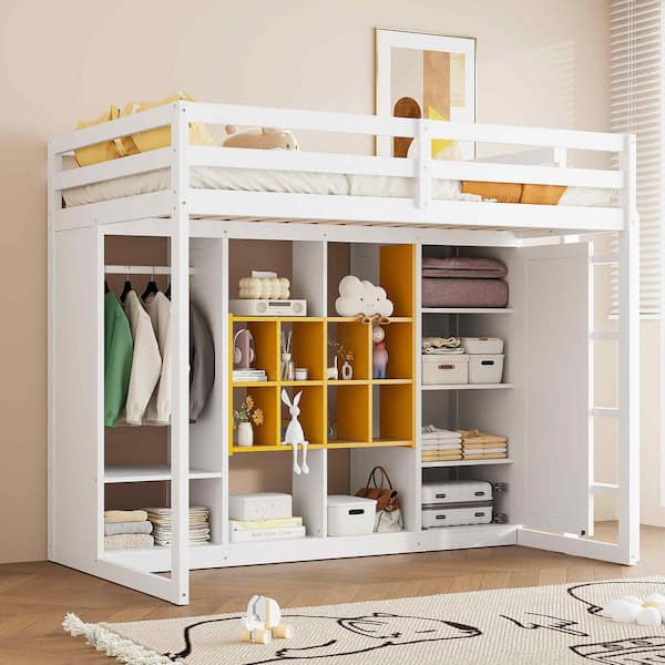 Yellow/White Twin Wood Loft Bed with Wardrobe, shelves and Cabinet