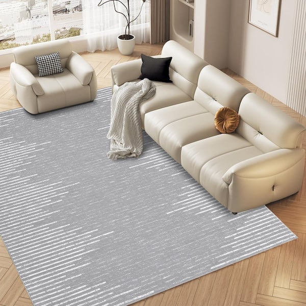 Washable Gray 9 ft. x 12 ft. Modern Striped Printed Rug Low Pile Soft Thin Carpet Stain Resistant Non-Slip, Area Rug