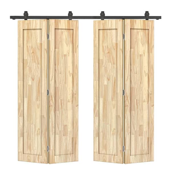 48 in. x 80 in. 2 Panel Shaker Hollow Core Unfinished Pine Wood Double Bi-fold Door with Barn Door Hardware Kit
