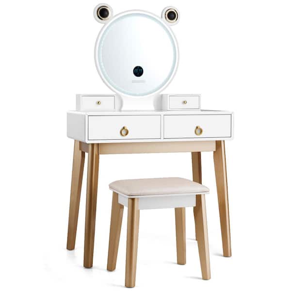 Costway White and Gold Touch Screen Dimming Mirror with Speakers Vanity Dressing Table Set