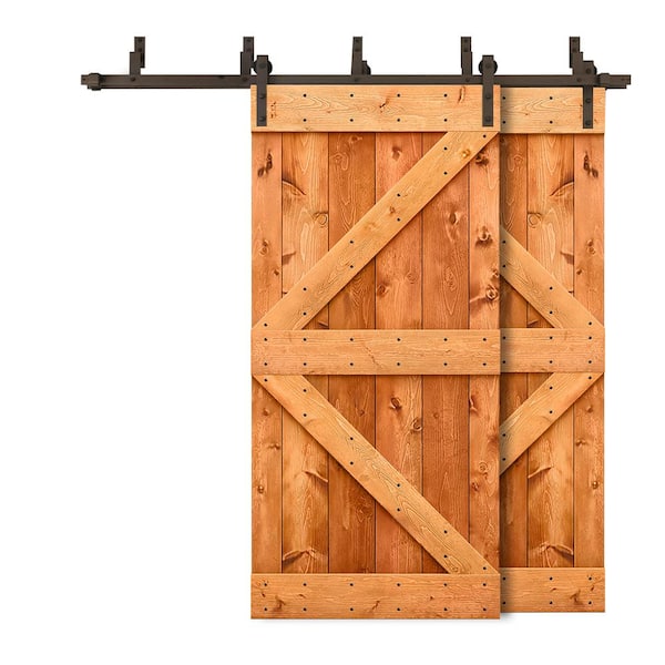 CALHOME 44 in. x 84 in. K-Bypass Red Walnut Stained DIY Solid Wood Interior Double Sliding Barn Door with Hardware Kit