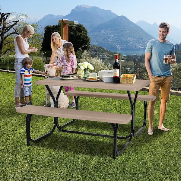 Costway 54 in. Picnic Table Bench Set Outdoor Backyard Garden Party Dining All Weather Brown GHMHSKU00084 The Home Depot