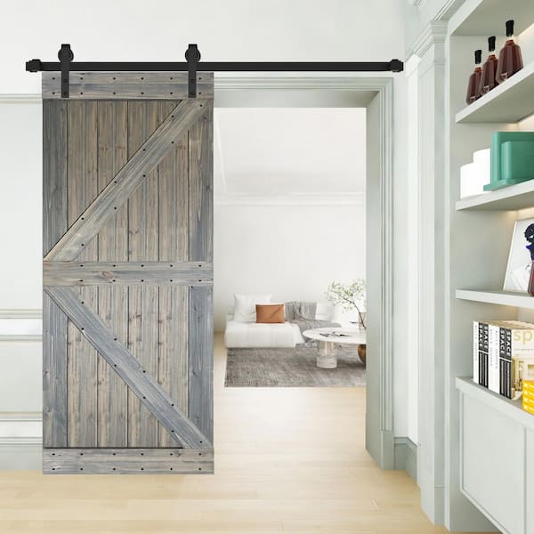 ISLIFE K Style 36 in. x 84 in. Aged Barrel Finished Solid Wood Sliding Barn Door Slab - Hardware Kit Not Included