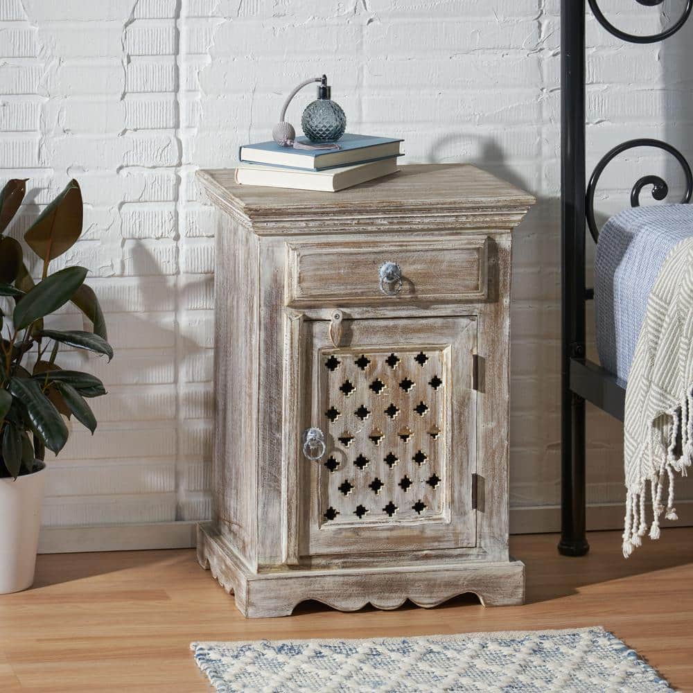 Prague 1-Drawer Distressed White Nightstand