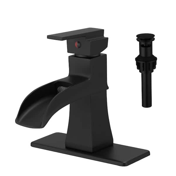 Lukvuzo Modern Waterfall Single Handle Single Hole Bathroom Faucet with Deckplate Included and Drain Kit Included in Matte Black