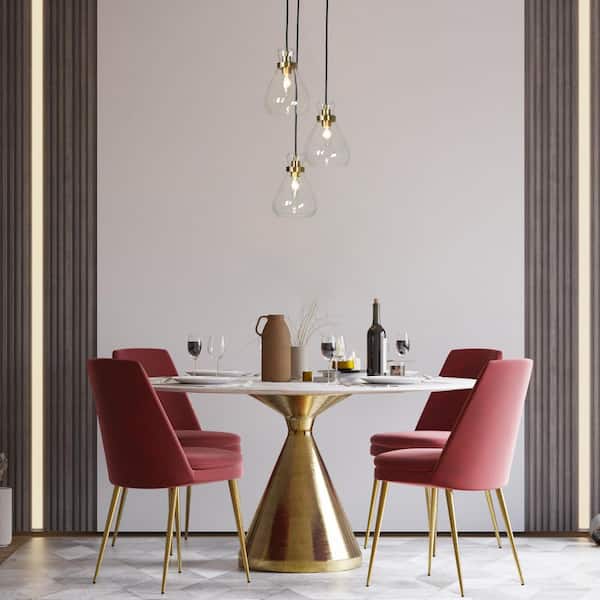 Transitional Dining Room Cluster Pendant Light 3-Light Plating Brass Chandelier with Bell Textured Glass Shades